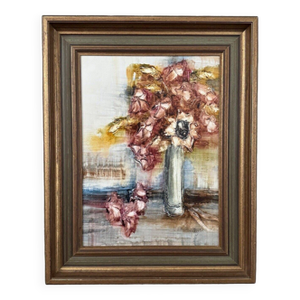 Huile sur panneau XXe nature morte bouquet de fleurs par Mazen