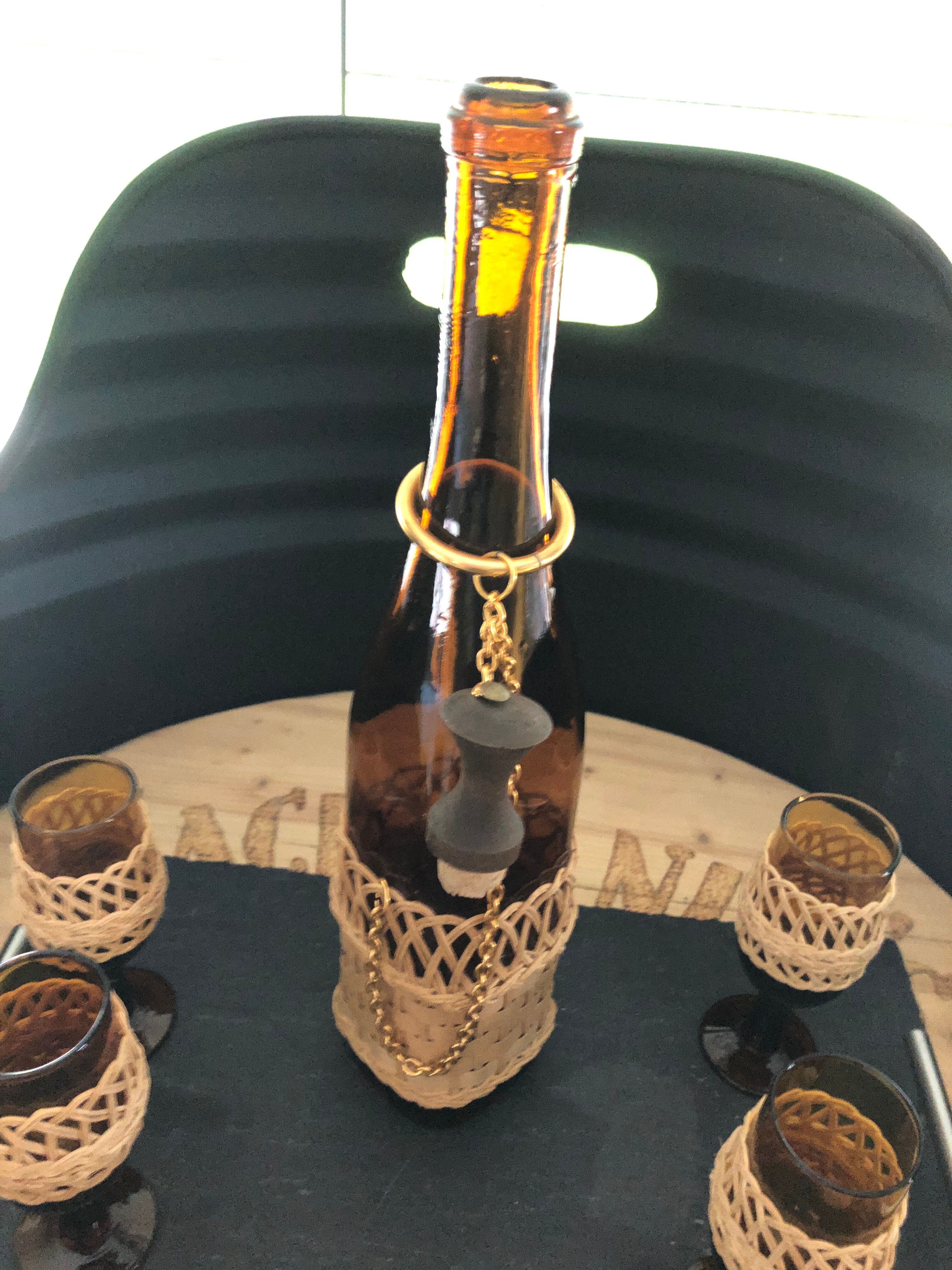 Aperitif service amber glass and vintage rattan