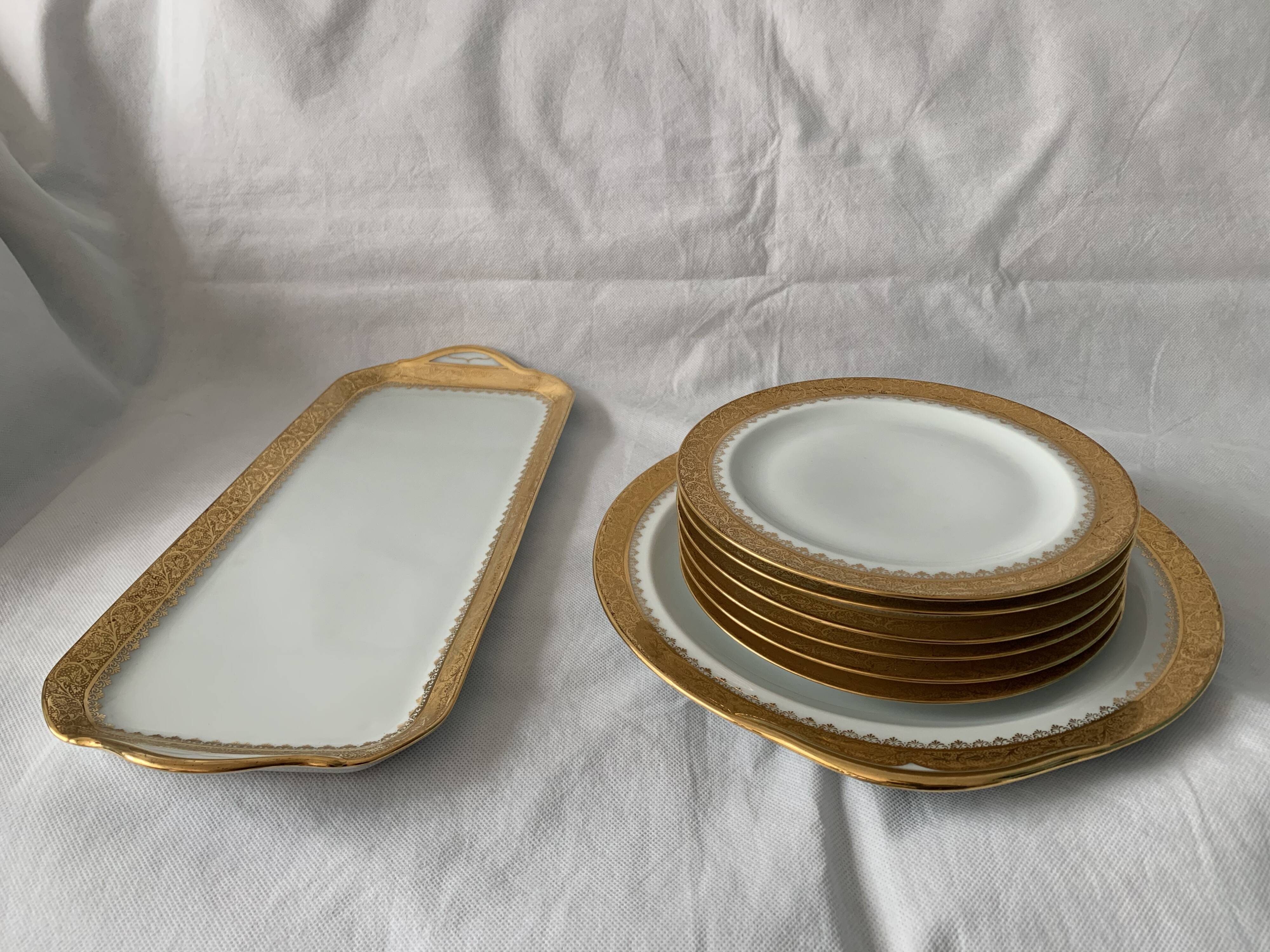 Cake service 6 dessert plates and 2 dishes Georges Boyer porcelain Limoges 1950
