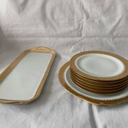 Cake service 6 dessert plates and 2 dishes Georges Boyer porcelain Limoges 1950