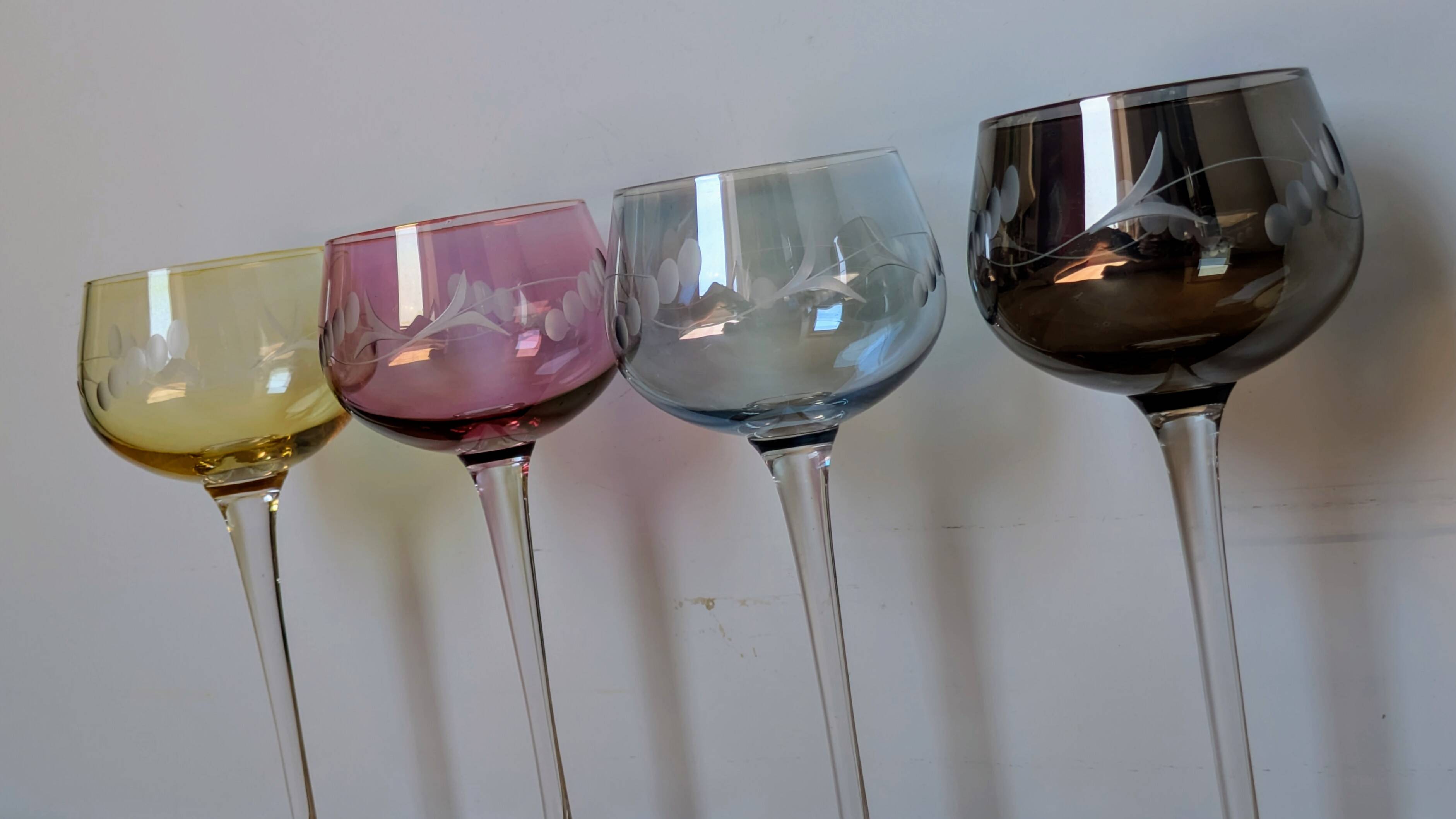Set of 4 Hand Engraved "Harlequin" Colored Crystal Wine Glasses 1960