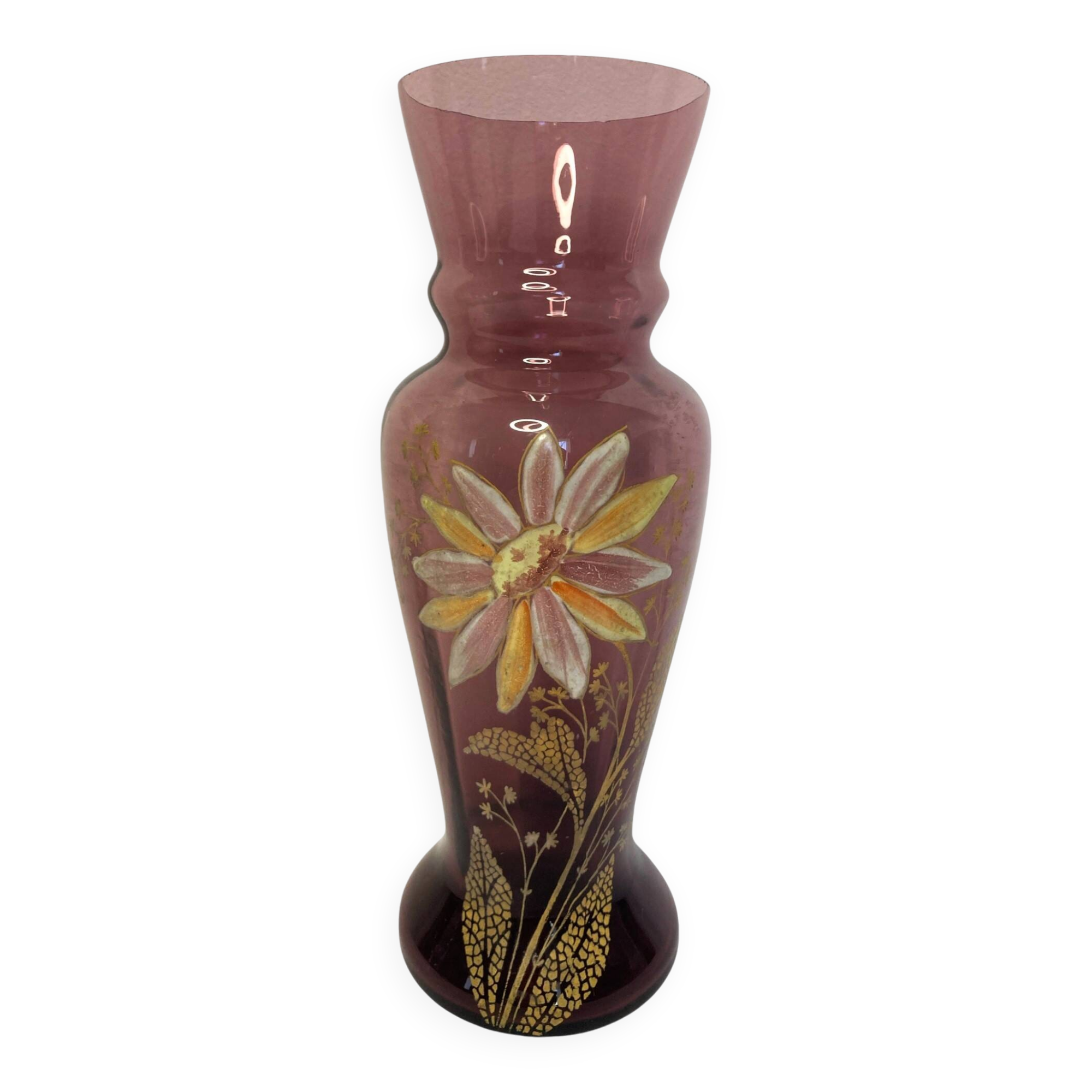 Legras Montjoye, purple enamelled glass vase with daisy pattern circa 1900