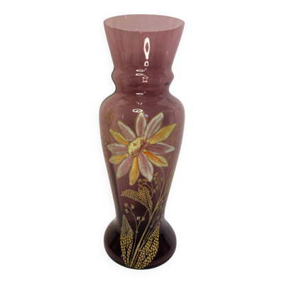 Legras Montjoye, vase violet verre émaillé marguerite vers 1900