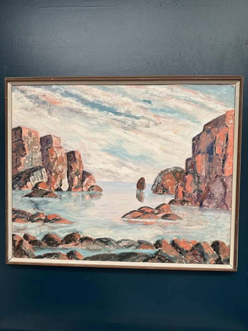 Original Large Swedish Oil on Panel – “Coastal Landscape” – Signed – Vintage & Framed