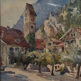 Watercolor on paper 1920 mountain village whitewashed frame