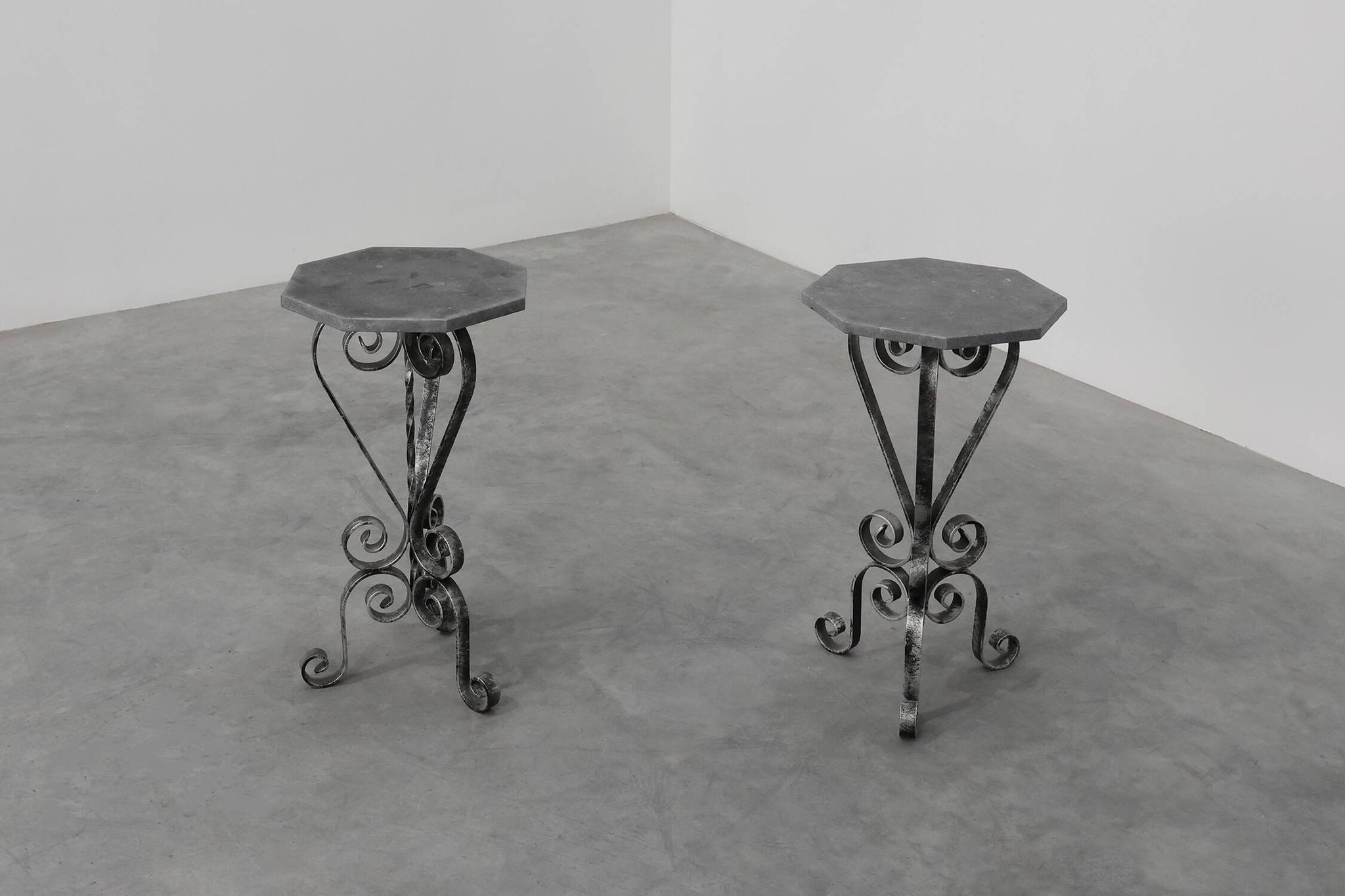 Pair of French Wrought Iron Consoles with Belgian Blue Stone Tops, 1950s
