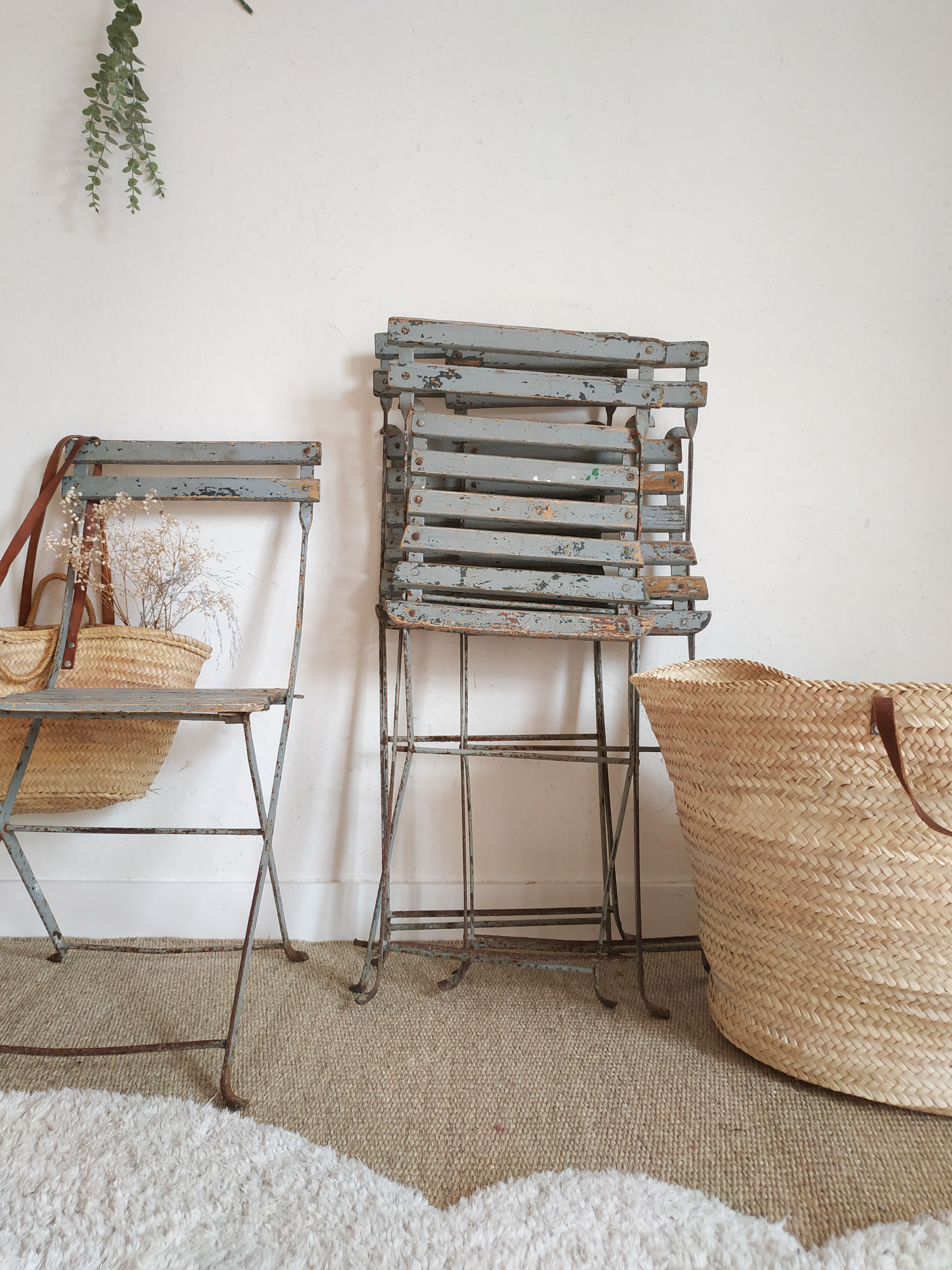Patinated garden folding chairs - metal and wood -