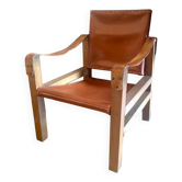 Safari armchair in wood and leather - 1950s style