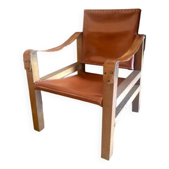 Safari armchair in wood and leather - 1950s style