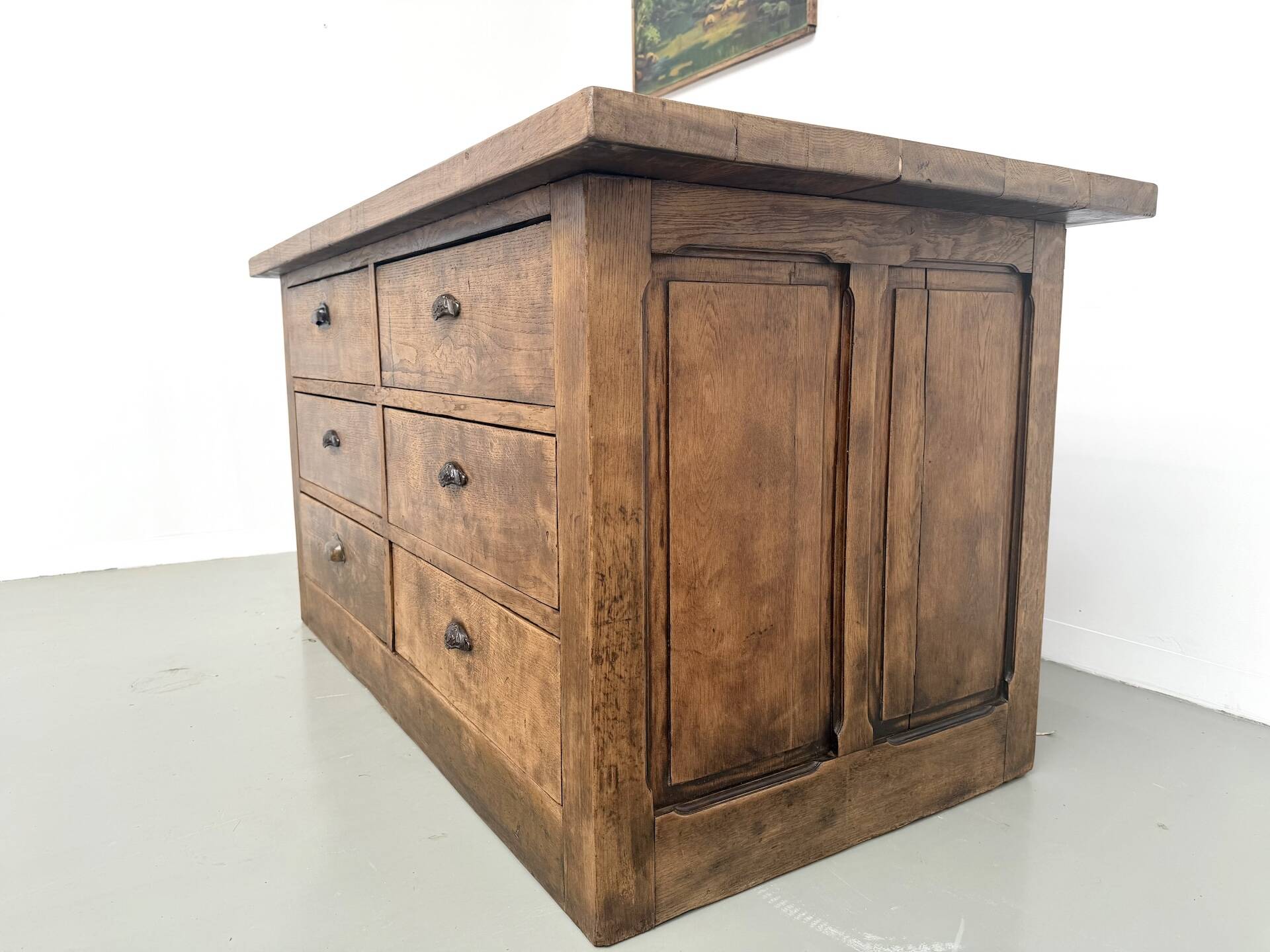 Solid oak trade counter, six drawers, France, circa 1920.
