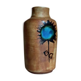 Ceramic vase "Poterie du Colombier" vintage blue sun