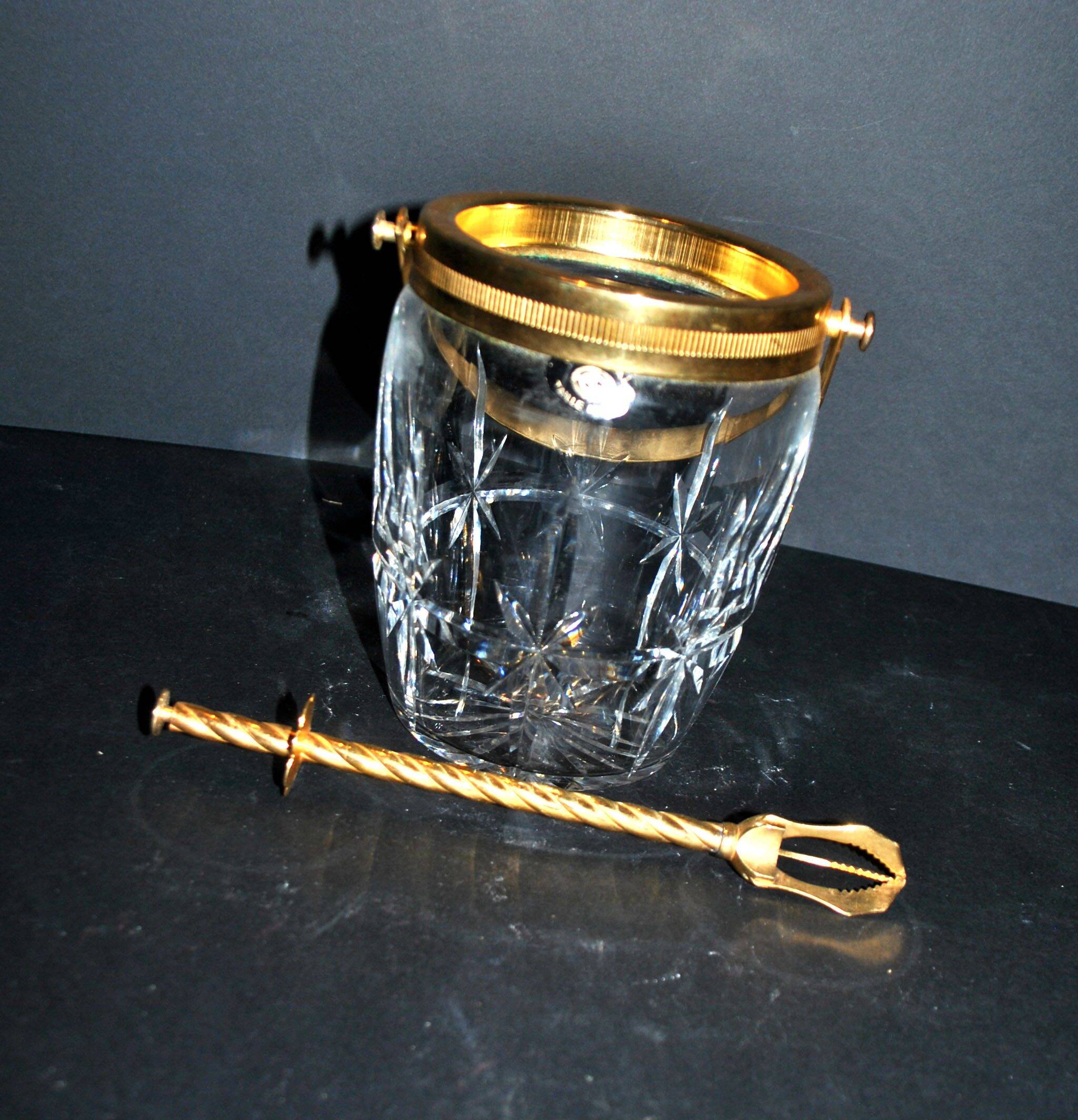 Vintage gold cut crystal ice bucket - ice cube pot + tongs CRISTAL AG