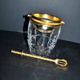 Vintage gold cut crystal ice bucket - ice cube pot + tongs CRISTAL AG
