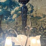 Degué - art deco period molded glass and wrought iron chandelier