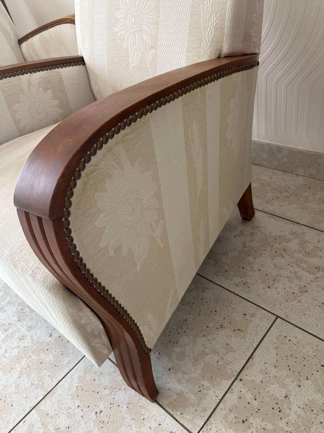 Pair of art deco armchairs in wood and floral fabric