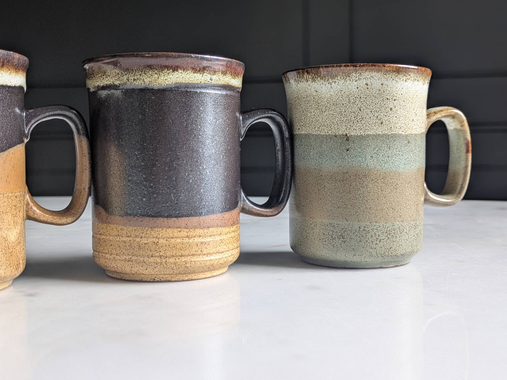 Set of brutalist mugs ''Buchan ceramics Scotland'' from the 1970s.