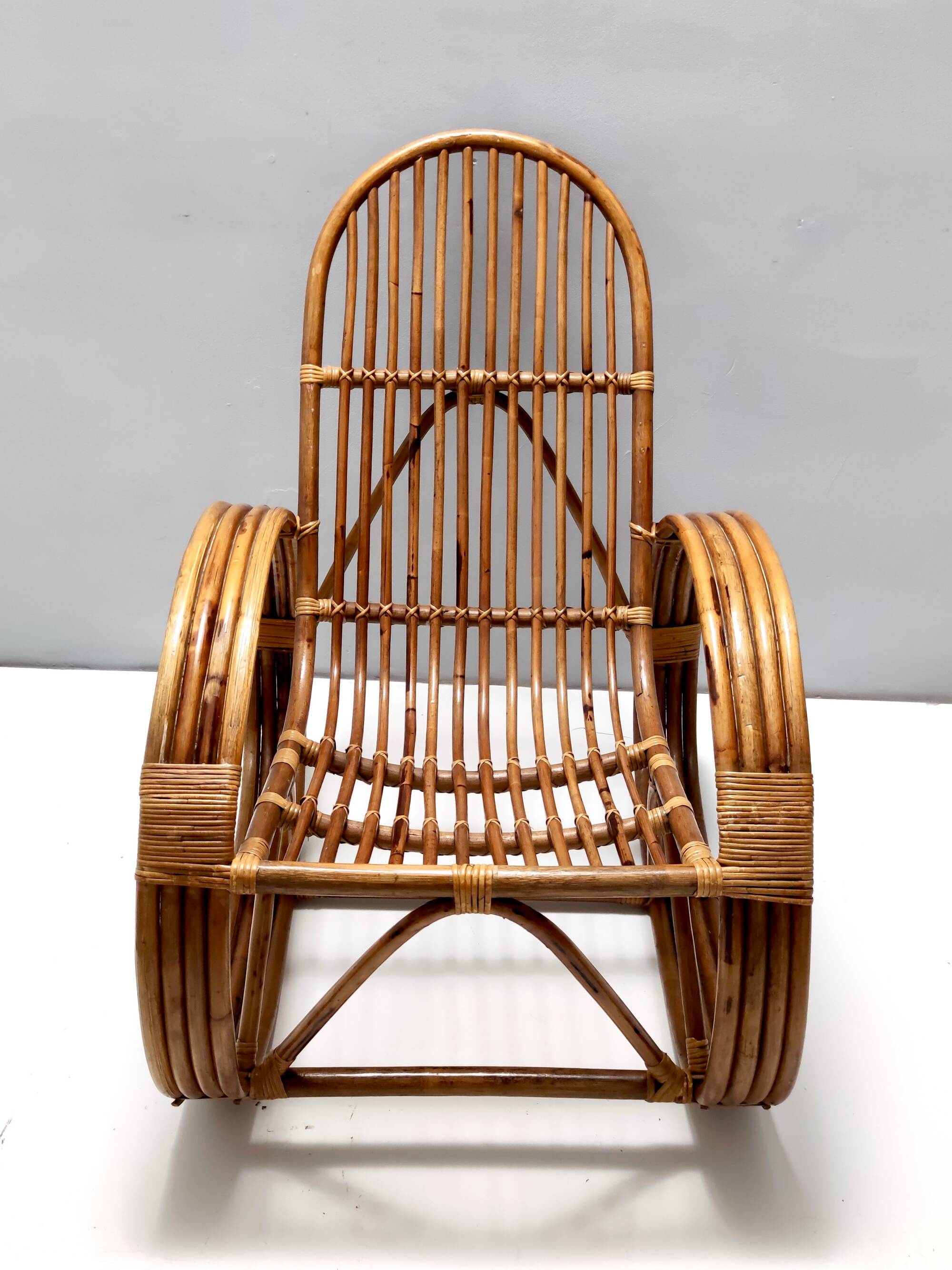 1970s Postmodern Bamboo Rocking Chair with Vintage Fabric Cushion