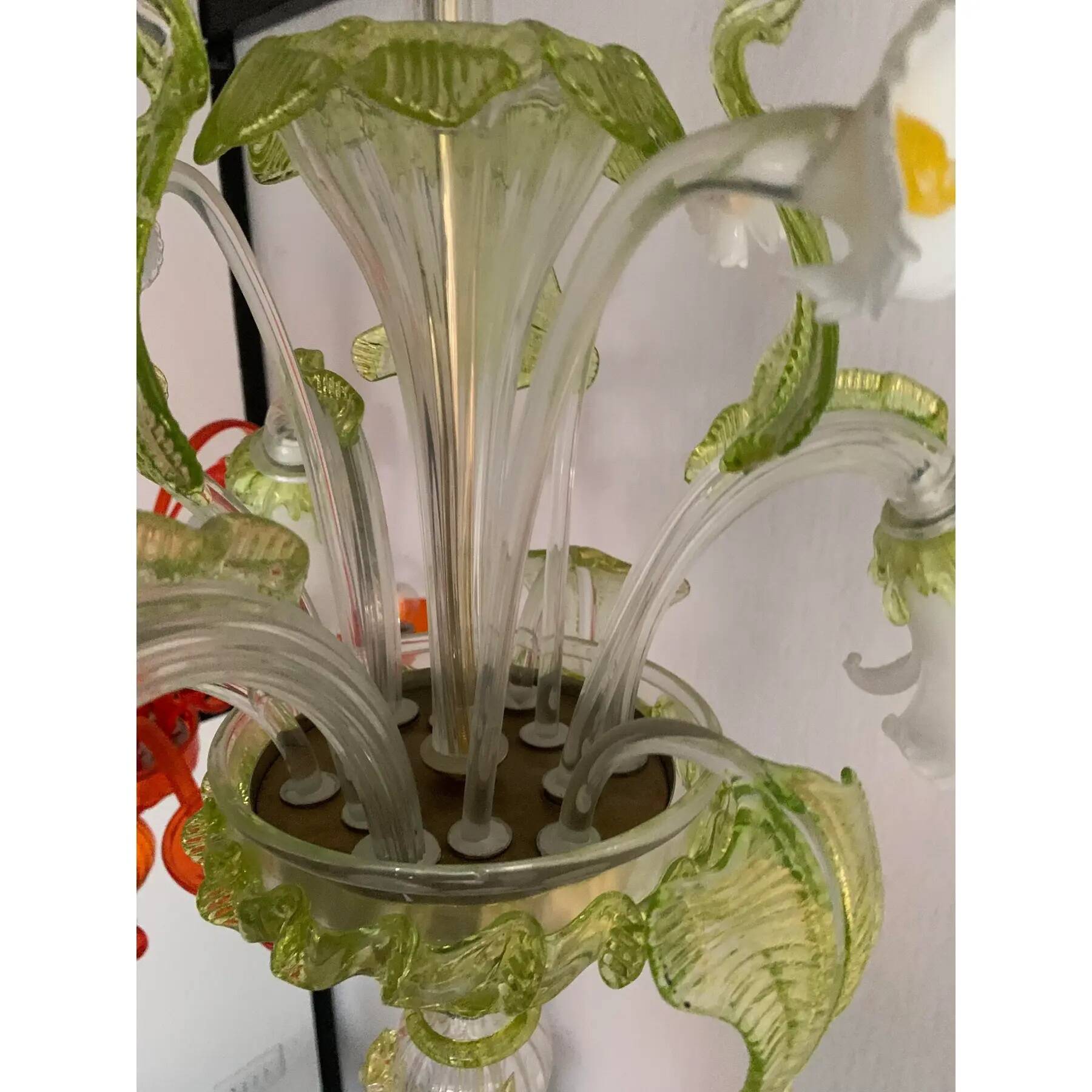Floral and Green Leaf Milky “Calle” Glass Chandelier