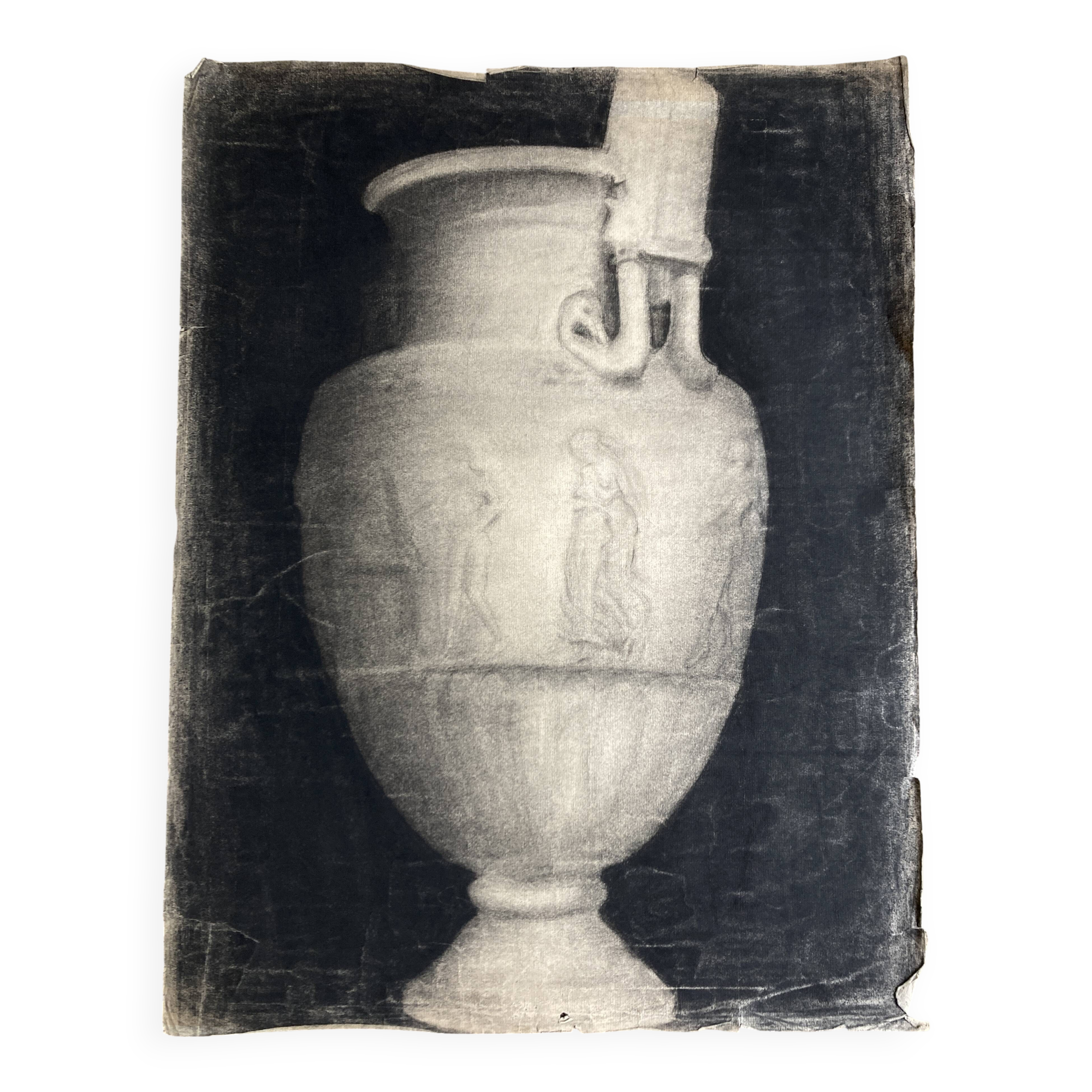 Neoclassical studio study of a marble jar, bas-relief, charcoal, 1920