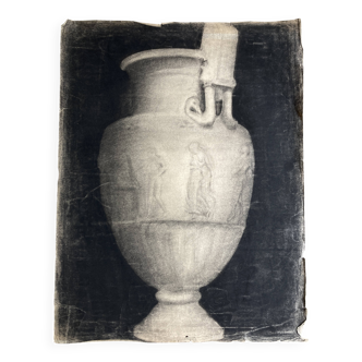 Neoclassical studio study of a marble jar, bas-relief, charcoal, 1920