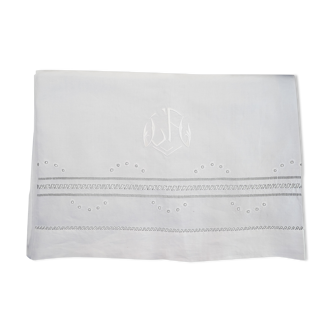 Ancien drap en lin 210 x 320 jours echelle broderie monogramme