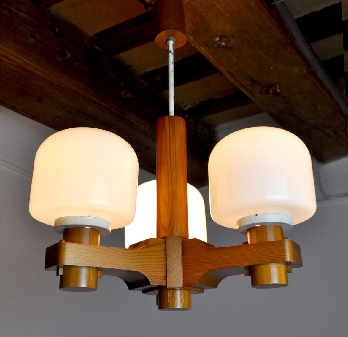 Nordic chandelier in Wood and Opaline, Denmark, 1970