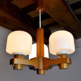 Nordic chandelier in Wood and Opaline, Denmark, 1970