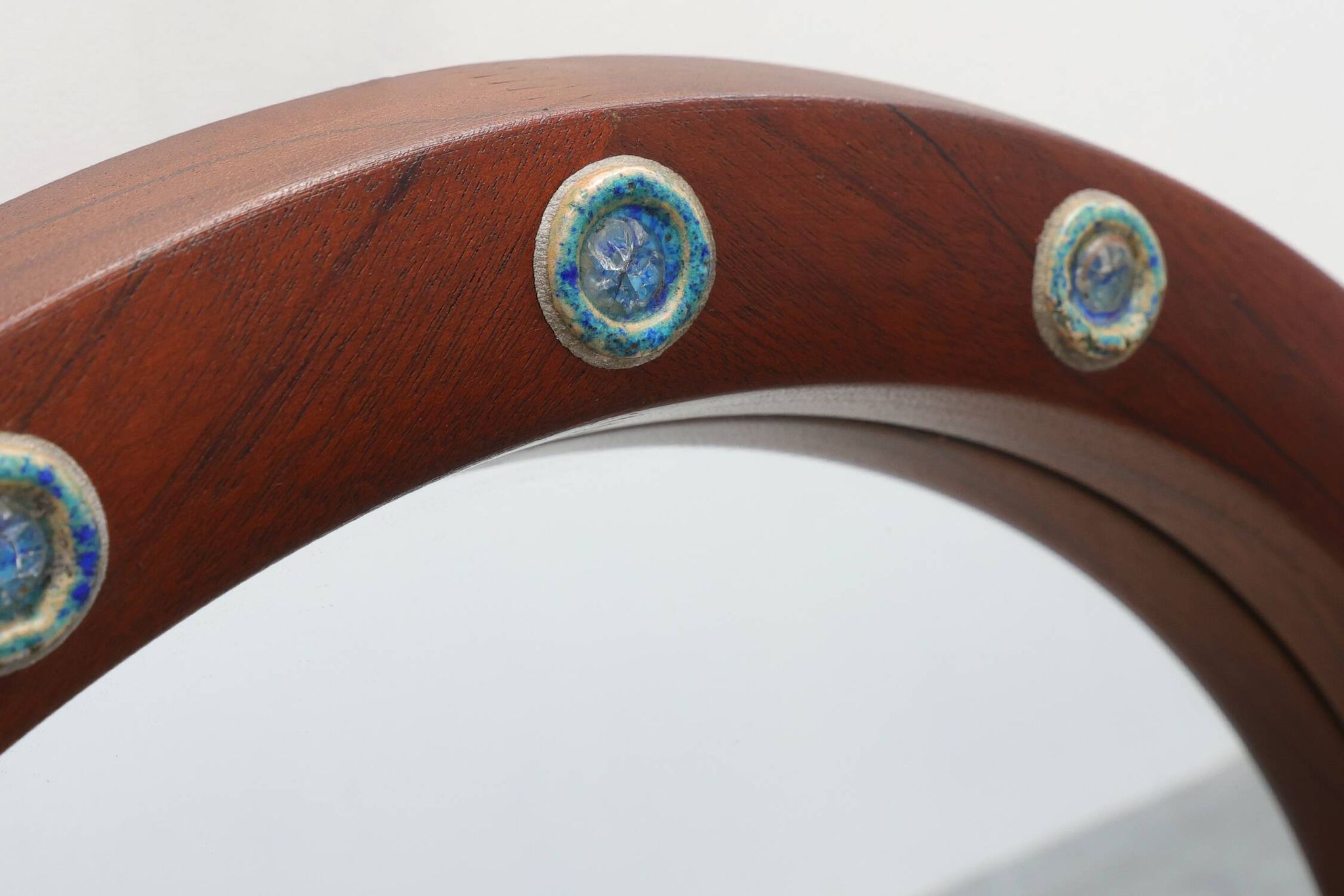 Round wooden mirror with turquoise ceramic studs by Deknudt, Belgium, 1960s