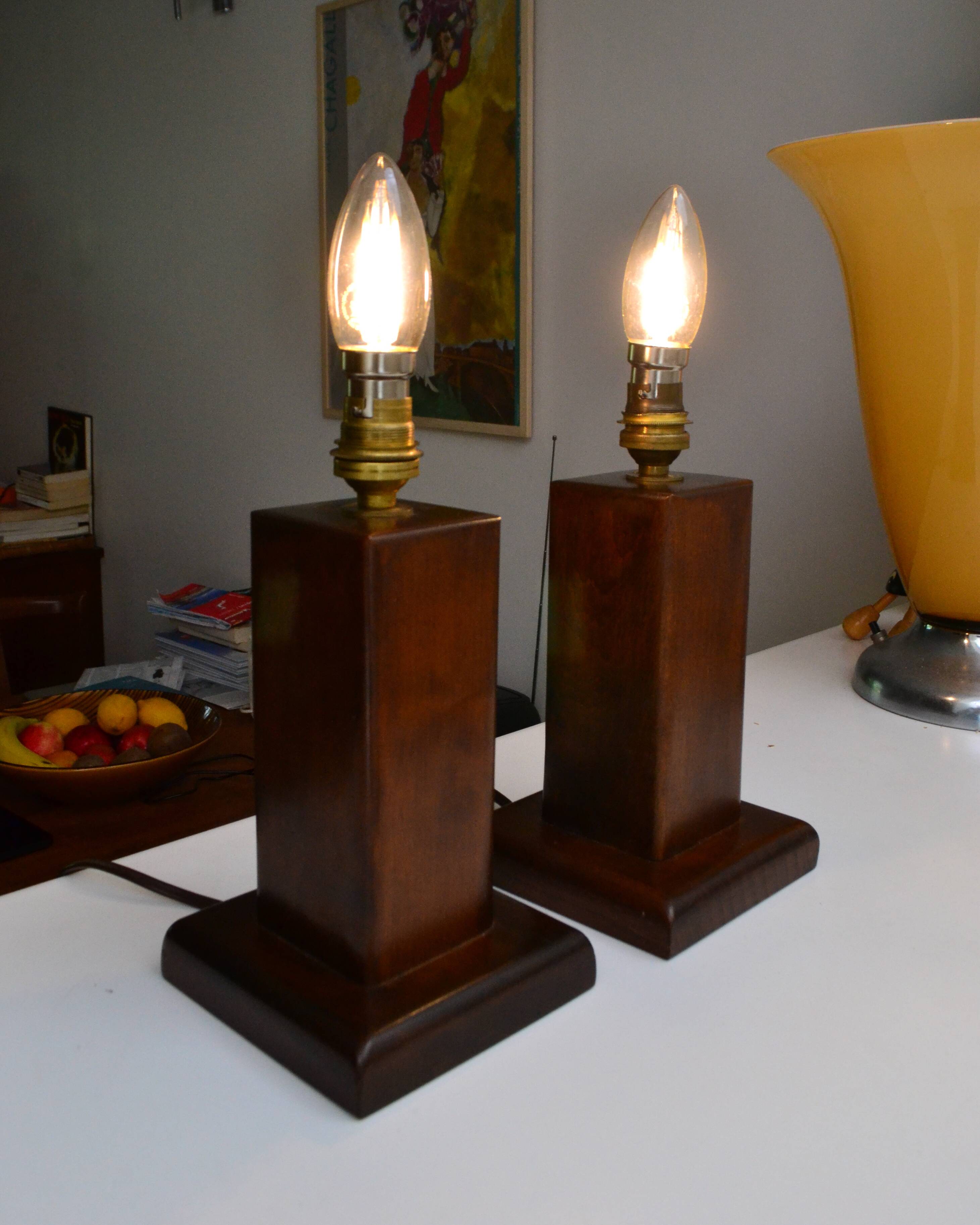 Pair of Art Deco lamps in solid mahogany