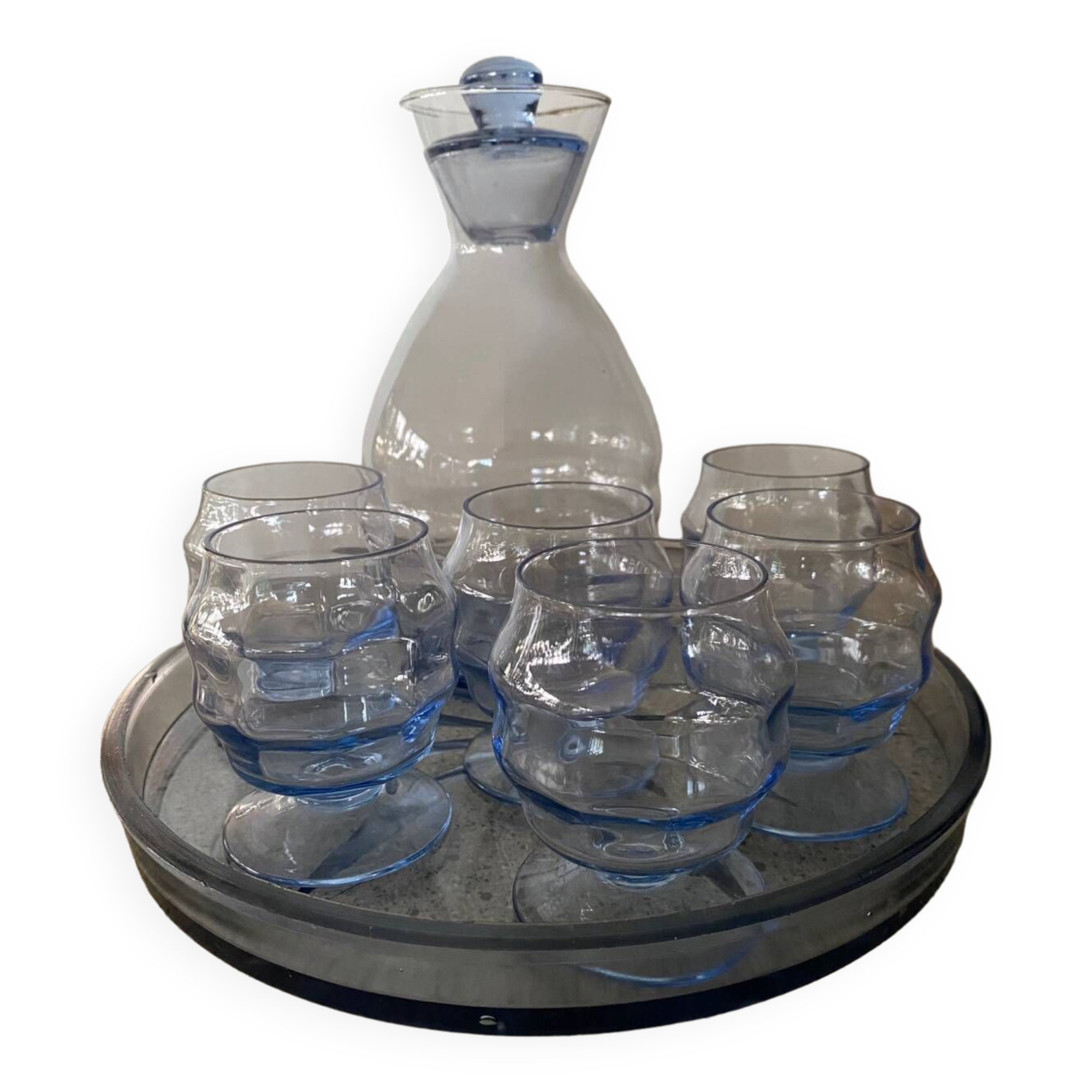 Art deco decanter and tray glass set