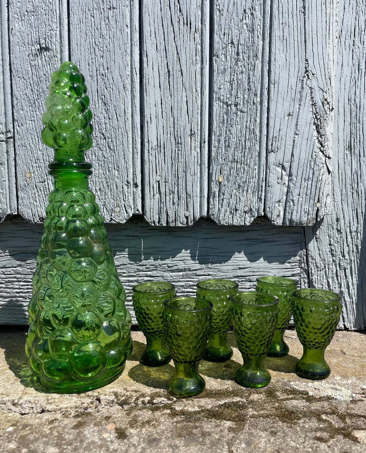 Liqueur service coloured glass empoli, vintage green carafe
