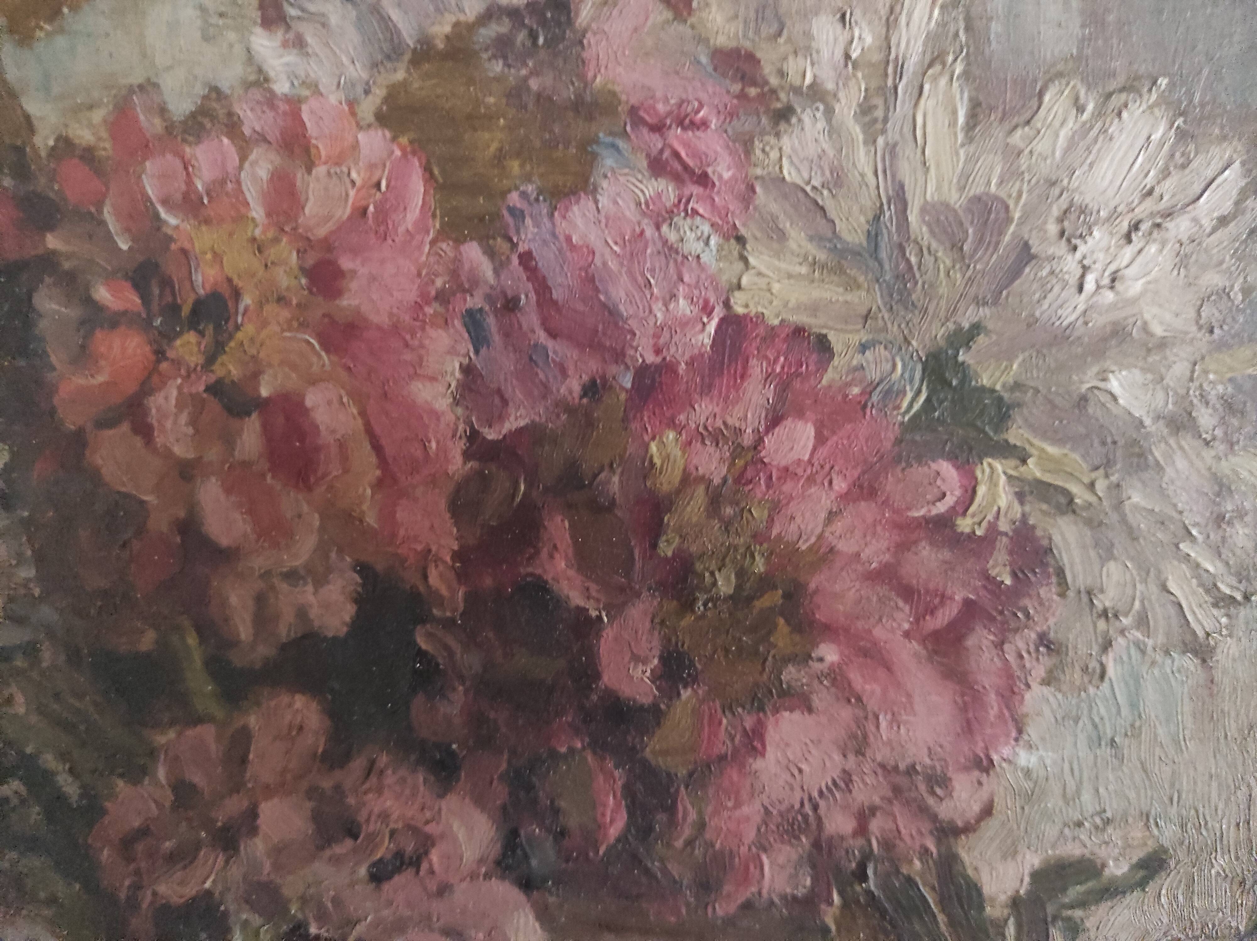 Vintage French oil painting of chrysanthemums