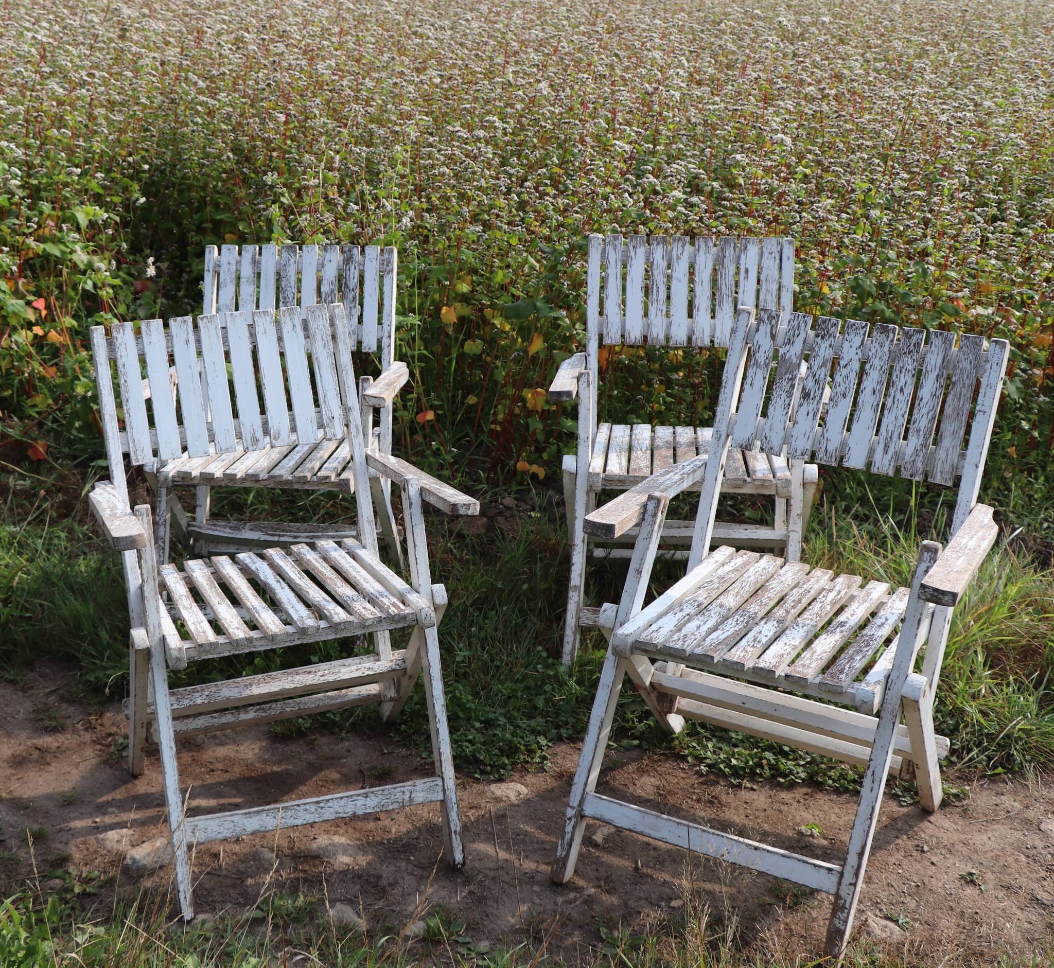 Set of 4 folding garden chairs in slatted wood – 1940 design