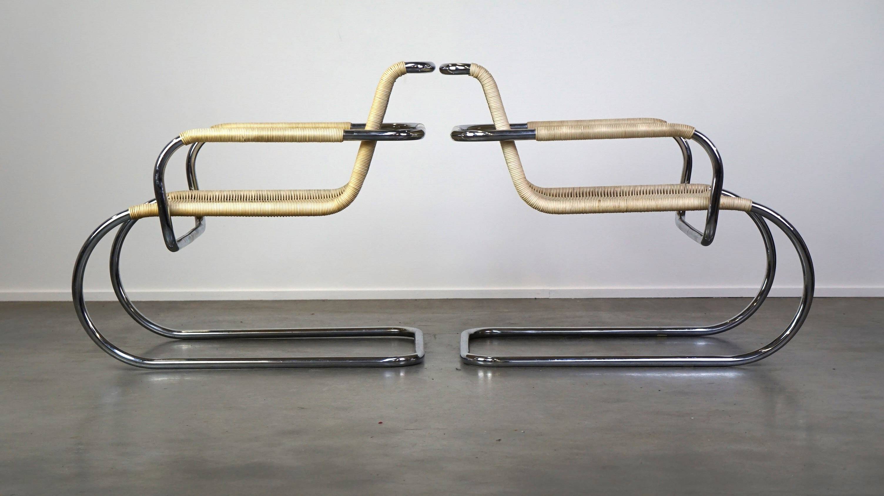 Set of two vintage design chairs by Franco Albini for Tecta, chrome and rattan