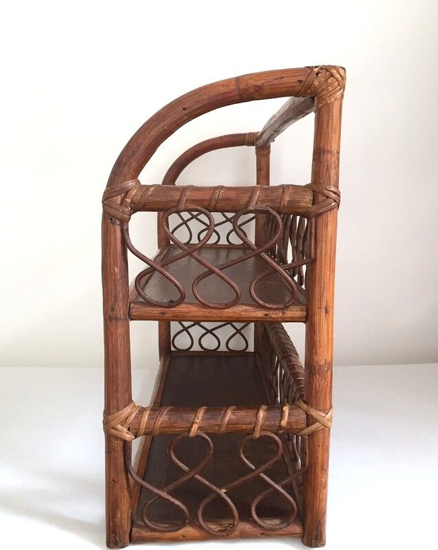 Wall shelf in wood, cannage and rattan from the 60s