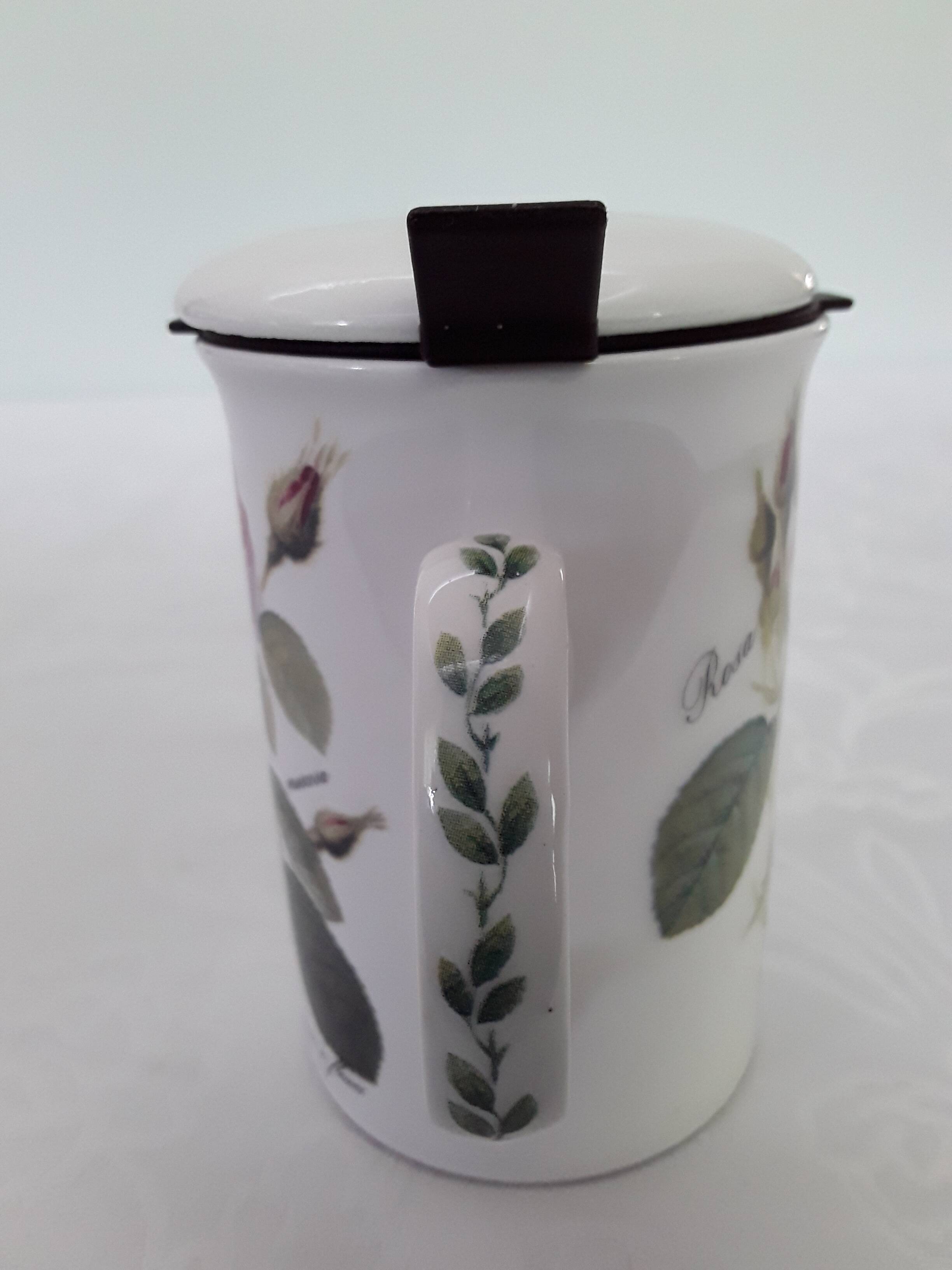 Mug, rose bush decor cup with lid and tea infuser