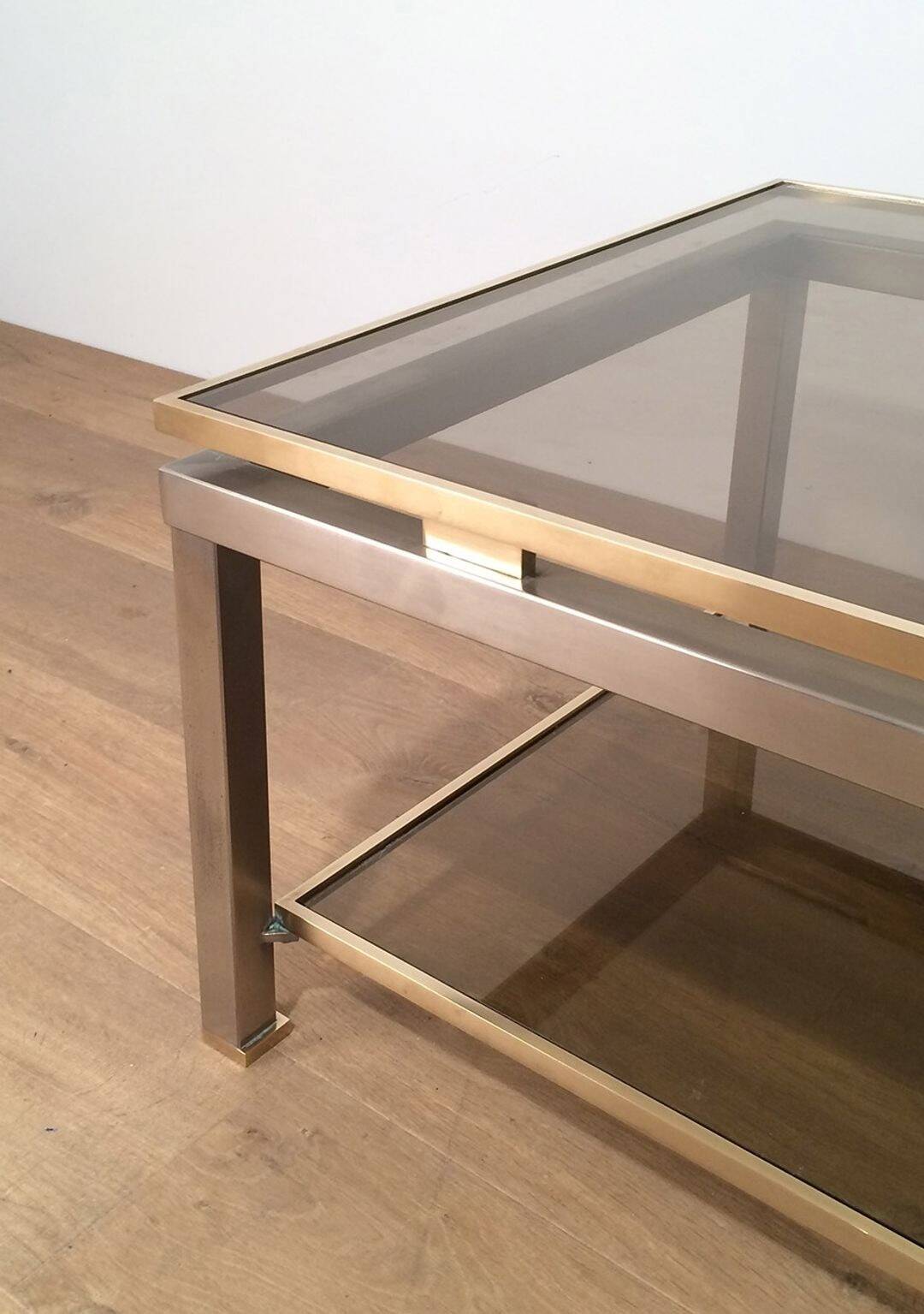 Coffee Table with Double Top in Brushed Steel and Brass, Guy Lefèvre for Ma