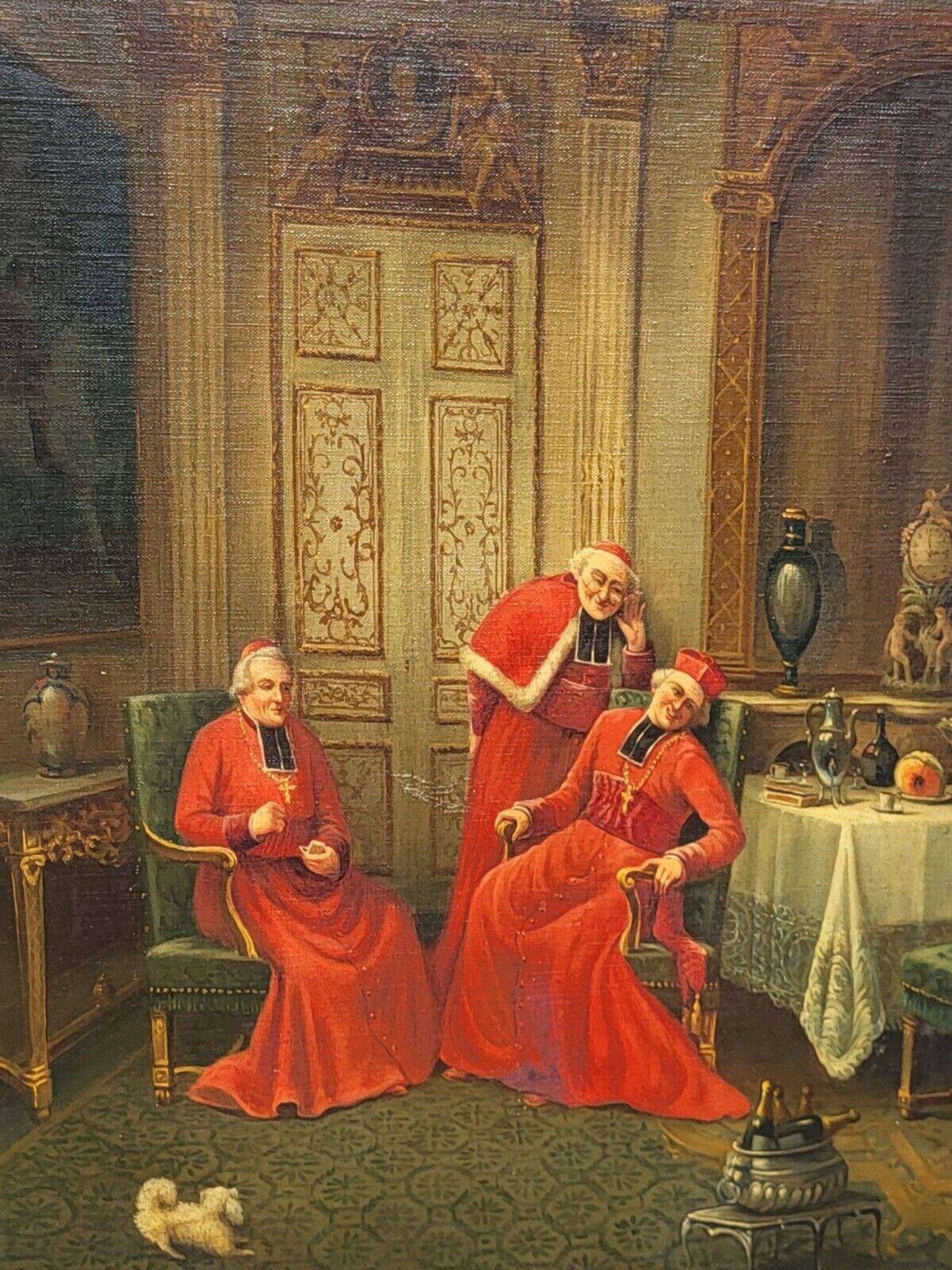Signed Antique French Oil Painting – Cardinals in Luxurious Setting, 19th C