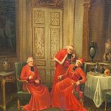 Tableau à l'huile ancien signé – Cardinaux dans un cadre luxueux, XIXe siècle