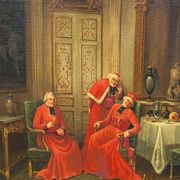 Signed Antique French Oil Painting – Cardinals in Luxurious Setting, 19th C