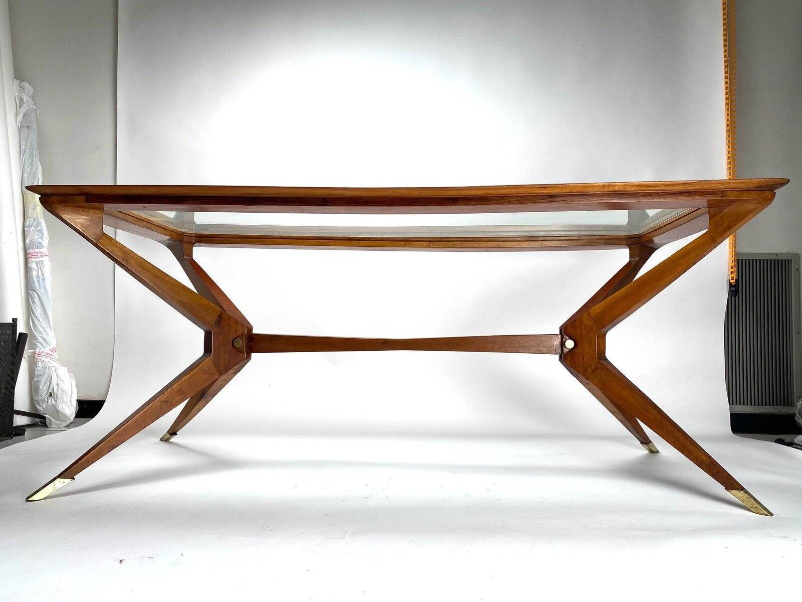 Vintage Italian Table in Wood and Brass by Turin School, 1950s
