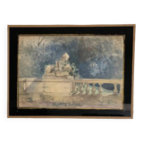 Aquarelle ancienne française signée, vue de jardin et sculpture, d'époque 19eme