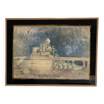 Old French watercolor signed, view of garden and sculpture, 19th century