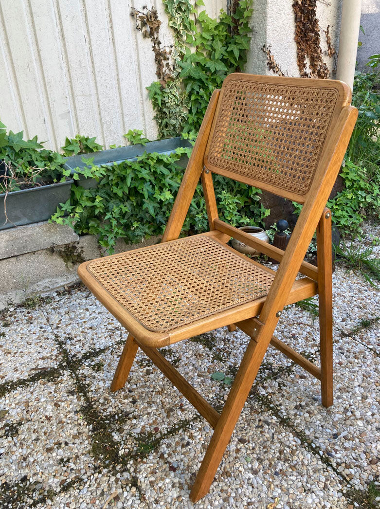 Lot de 3 chaises pliantes en bois et cannage