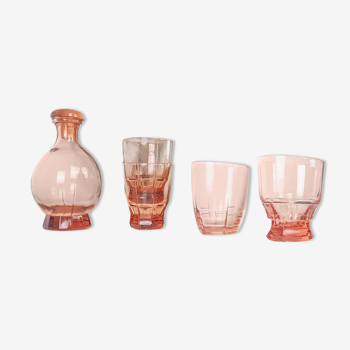 Service in pink carafe glass and 4 art deco water glasses