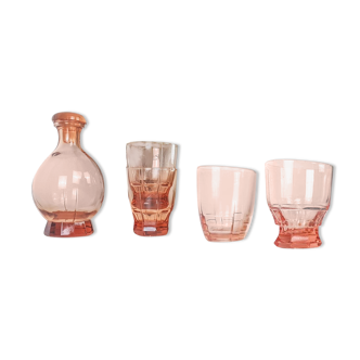 Service in pink carafe glass and 4 art deco water glasses