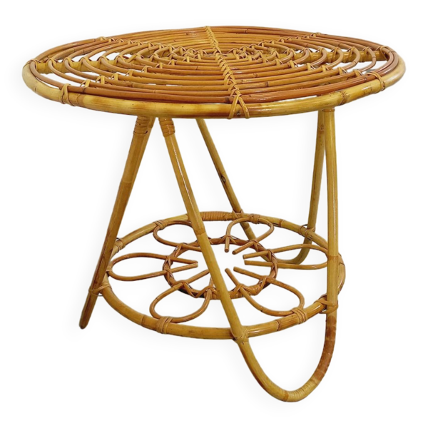 Table basse ronde avec plateau porte-revue en rotin vintage des années 60