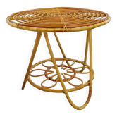 Table basse ronde avec plateau porte-revue en rotin vintage des années 60