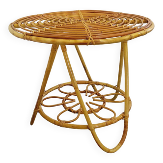 Table basse ronde avec plateau porte-revue en rotin vintage des années 60