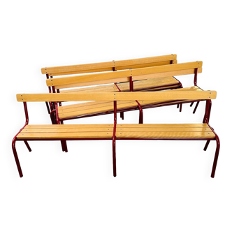 Set of 5 light wood and red steel school benches from the 80s